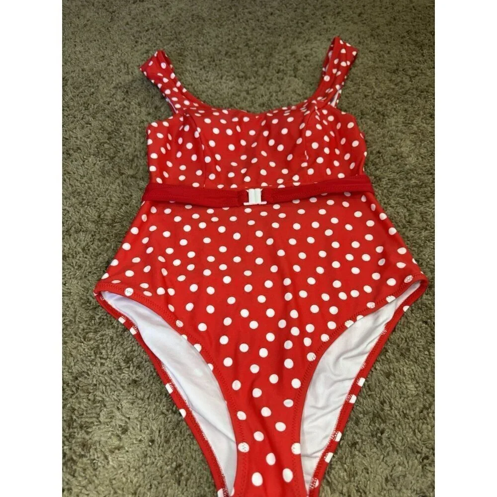 CUPSHE Red Polka Dot Belted One-Piece Swimsuit SMALL